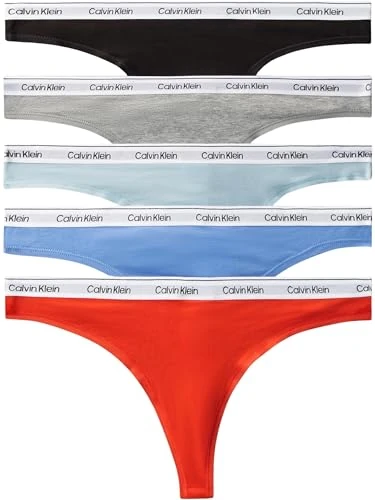 Calvin Klein Women’s 5 Pack Low Rise Stretch Cotton Thongs, Multicolor (Blk/Gry Htr/Strlng Bl/Glcr/Mltn), M