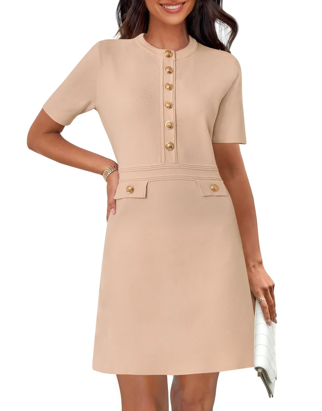 MEROKEETY Women's Knit Bodycon Sweater Dress Button Short Sleeve Crew Neck Elegant Formal Mini Dress, Khaki, M