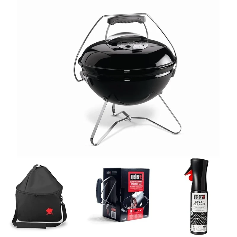 Bundle - Weber Smokey Joe Premium Charcoal Grill Barbeque, 37cm Portable BBQ Grill with Tuck-N-Carry Lid Cover & Plated Steel Legs Folding Outdoor Cooker with Porcelain-Enamelled Bowl-Black (1121004)