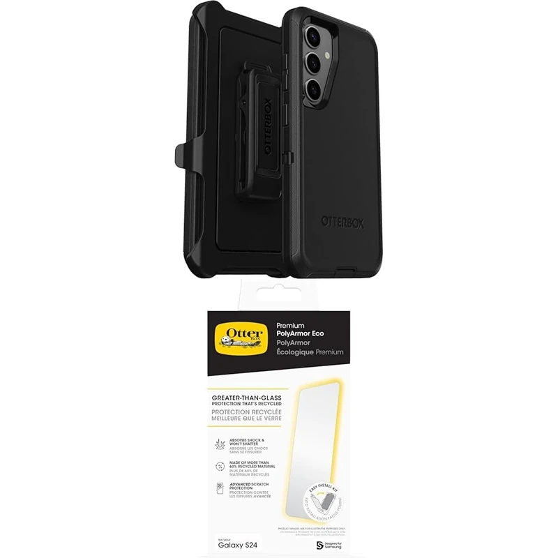 OtterBox Galaxy S24 Defender Case & Screen Protector Bundle - BLACK case with port protection, CLEAR 60% recycled screen protector