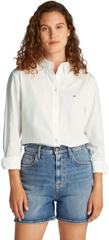 Tommy Jeans Women’s Regular Fit Pinstripe Poplin Shirt, White (Ecru), XL