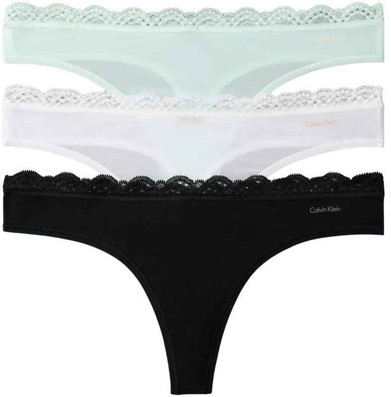 Calvin Klein Women's 3 Pack Thongs with Lace, Multicolor (Black/White/Moonlight Jade), L