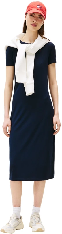 Tommy Jeans Women’s Ribbed Midi Bodycon Dress, Blue (Dark Night Navy), L