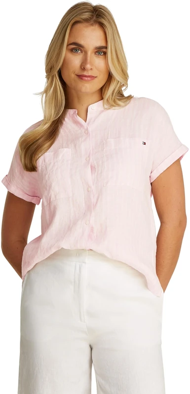 Tommy Hilfiger Women’s Short Sleeve Collarless Linen Blouse, Multicolor (Foggy Pink STP), 12