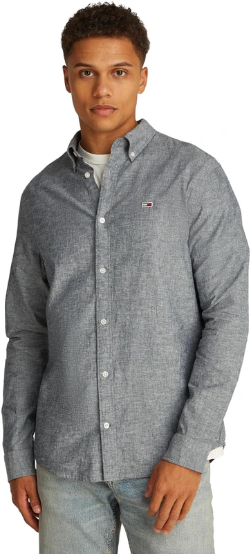 TOMMY JEANS TJM REG Linen Blend LS Shirt EXT L/S Shirt Men's, Blue (Dark Night Navy), S