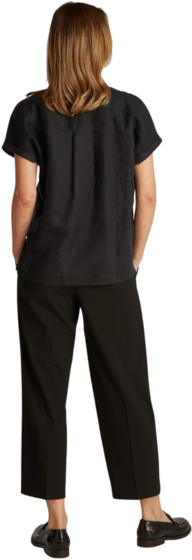 Tommy Hilfiger Women’s Short Sleeve Collarless Linen Blouse, Black (Black), 6