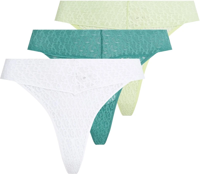 Calvin Klein Women's 3 Pack Low Rise Thongs with Lace, Multicolor (White/Highline Green/Lively Teal), S