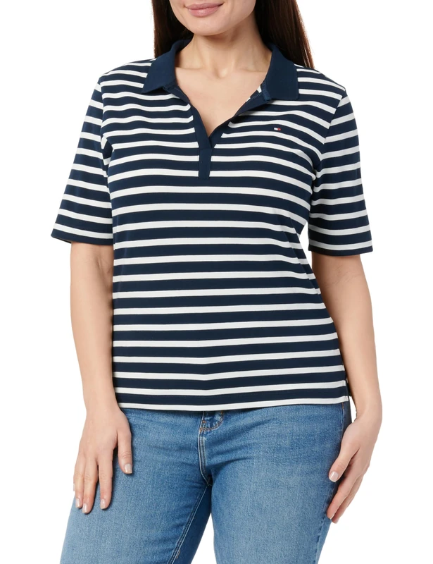 Tommy Hilfiger Women’s 1985 Short Sleeve Regular Fit Pique Polo Shirt, Multicolor (Dark Night Navy/Ecru STP), XL
