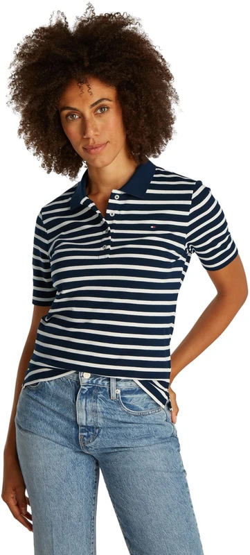 Tommy Hilfiger Women's Regular Fit Short Sleeve Polo Shirt, Multicolor (Dark Night Navy/Ecru STP), XXS