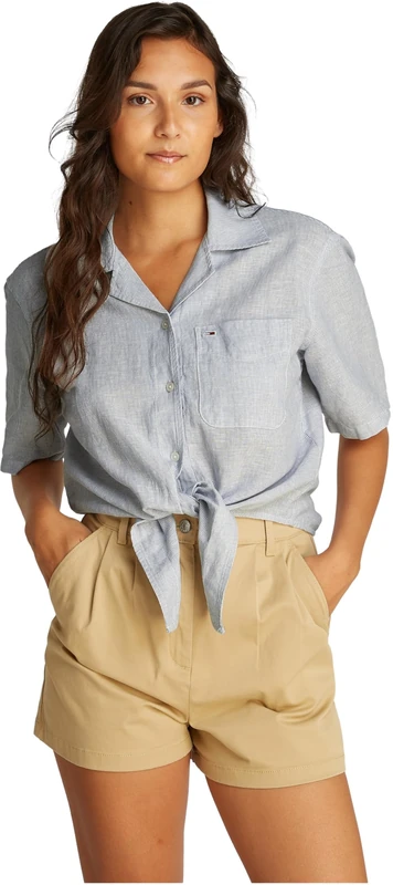 Tommy Jeans Womens Tjw CRP Linen Dw0dw20286 S/S Shirt, Blue (Colorado Blue/Stripe), L UK