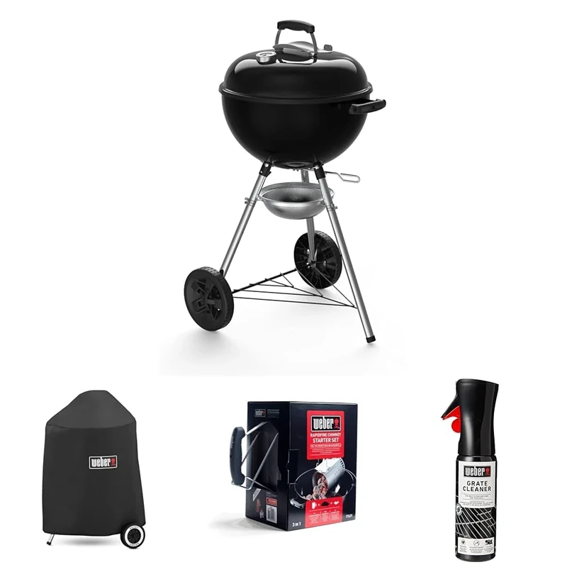 Bundle -Weber Original Kettle Charcoal Grill Barbecue, 47cm|E-4710 BBQ Grill with Lid Cover,Thermometer, Stand & Wheels |Freestanding Outdoor Oven&Cooker with Porcelain-Enamelled Bowl-Black(13101004)