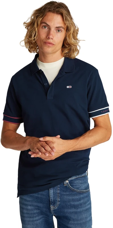 Tommy Jeans Men’s Short Sleeve Flag Cuff Slim Fit Polo Shirt, Blue (Dark Night Navy), L