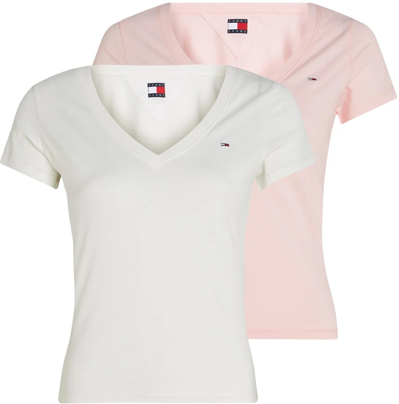 Tommy Jeans Womens Tjw 2pack V-Neck Tee Dw0dw21367 S/S T-Shirt, Multi (Ecru/Precious Pink), XXS UK
