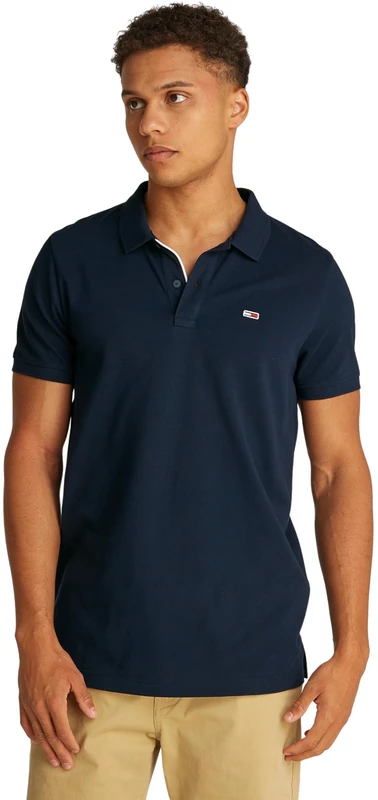 Tommy Jeans Men’s Short Sleeve Placket Slim Fit Polo Shirt, Blue (Dark Night Navy), XS