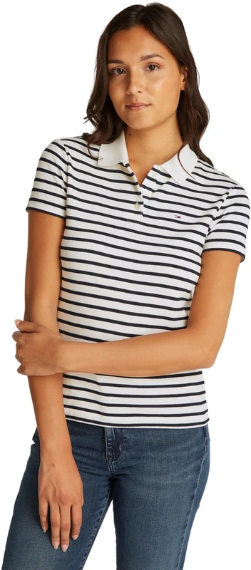 Tommy Jeans Women’s Essential Stretch Slim Fit Short Sleeve Polo Shirt, Multicolor (Ecru/Navy Stripe), XXS