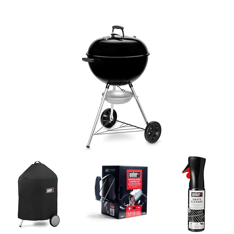 Bundle-Weber Original Kettle Charcoal Grill Barbecue,57cm E-5710 BBQ Grill with Lid Cover,Thermometer, Stand & Wheels Freestanding Outdoor Oven & Cooker with Porcelain-Enamelled Bowl-Black (14101004)