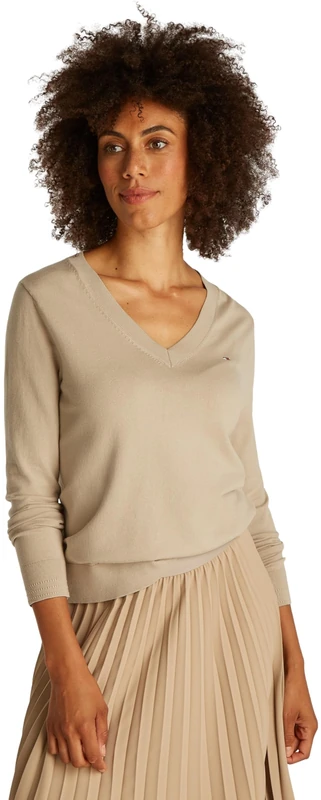 Tommy Hilfiger Women's V-Neck Jersey Jumper, Beige (Sandalwood), XXS