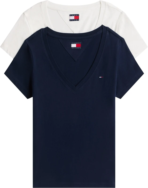 Tommy Jeans Womens Tjw 2pack V-Neck Tee Dw0dw21367 S/S T-Shirt, Multi (Ecru/Dark Night Navy), XL UK