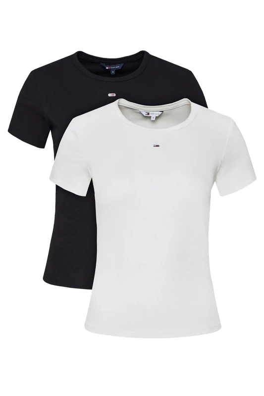 Tommy Jeans Womens Tjw 2pack Slim Essential Rib Dw0dw21430 S/S T-Shirt, Multi (Ecru/Black), XL UK