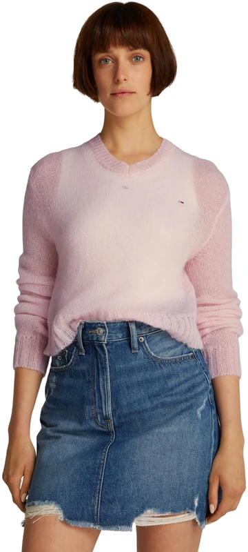 Tommy Jeans Women’s V-Neck Open Knit Jumper, Pink (Precious Pink), XS