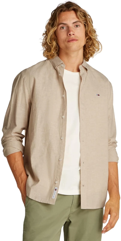 TOMMY JEANS TJM REG Linen Blend LS Shirt EXT L/S Shirt Men's, Beige (Relic Tan), XS