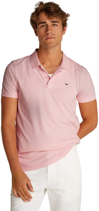 Tommy Jeans Men’s Short Sleeve Placket Slim Fit Polo Shirt, Pink (Precious Pink), 2XL