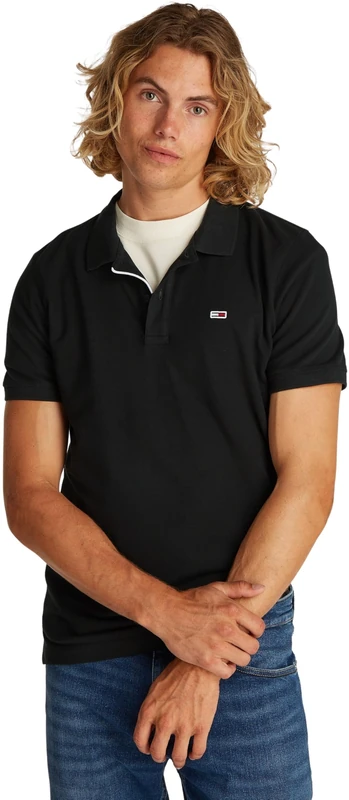 Tommy Jeans Men’s Short Sleeve Placket Slim Fit Polo Shirt, Black (Black), S