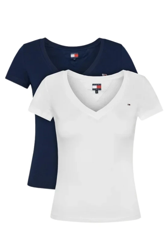 Tommy Jeans Womens Tjw 2pack V-Neck Tee Dw0dw21367 S/S T-Shirt, Multi (Ecru/Dark Night Navy), L UK
