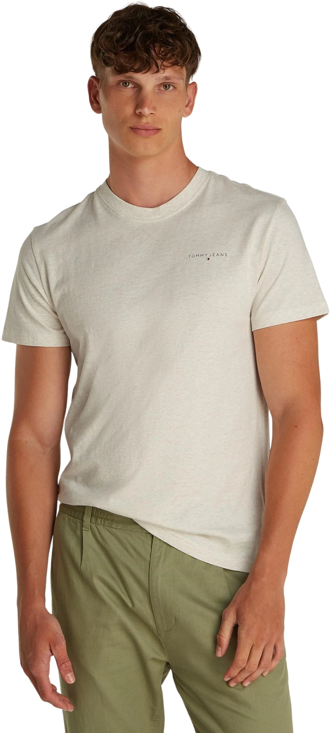 Tommy Jeans Men's TJM Slim Linear Chest Tee Ext Dm0Dm21188 S/S T-Shirt, Beige (Oat Marl HTR), S