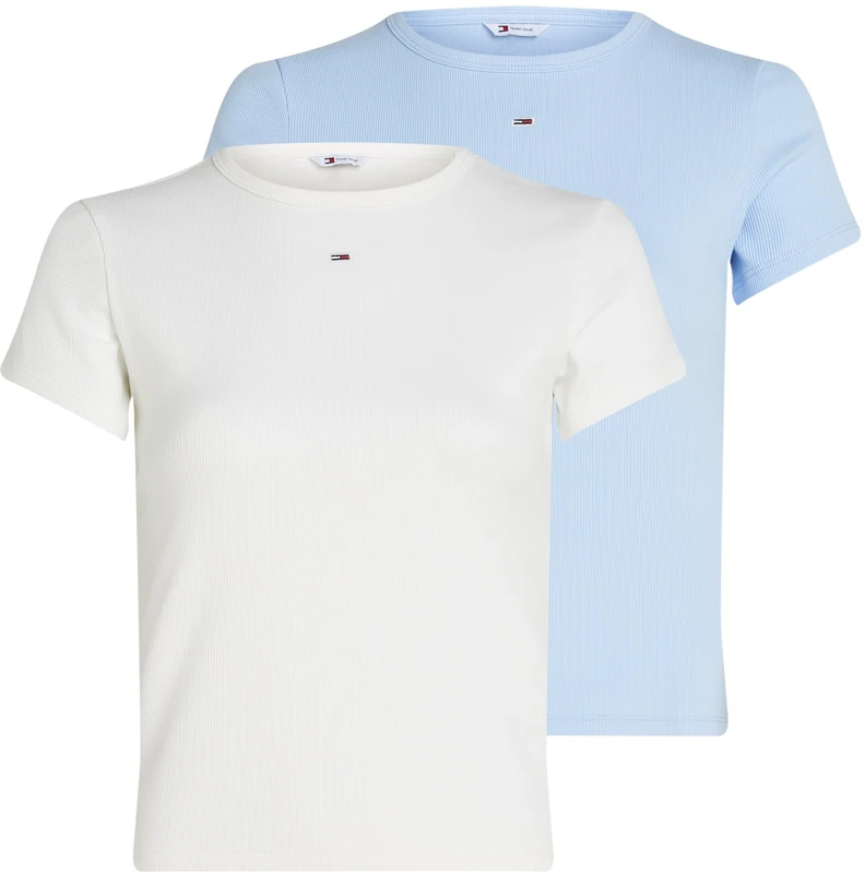 Tommy Jeans Womens Tjw 2pack Slim Essential Rib Dw0dw21430 S/S T-Shirt, Multi (Ecru/Sweet Blue), XXS UK