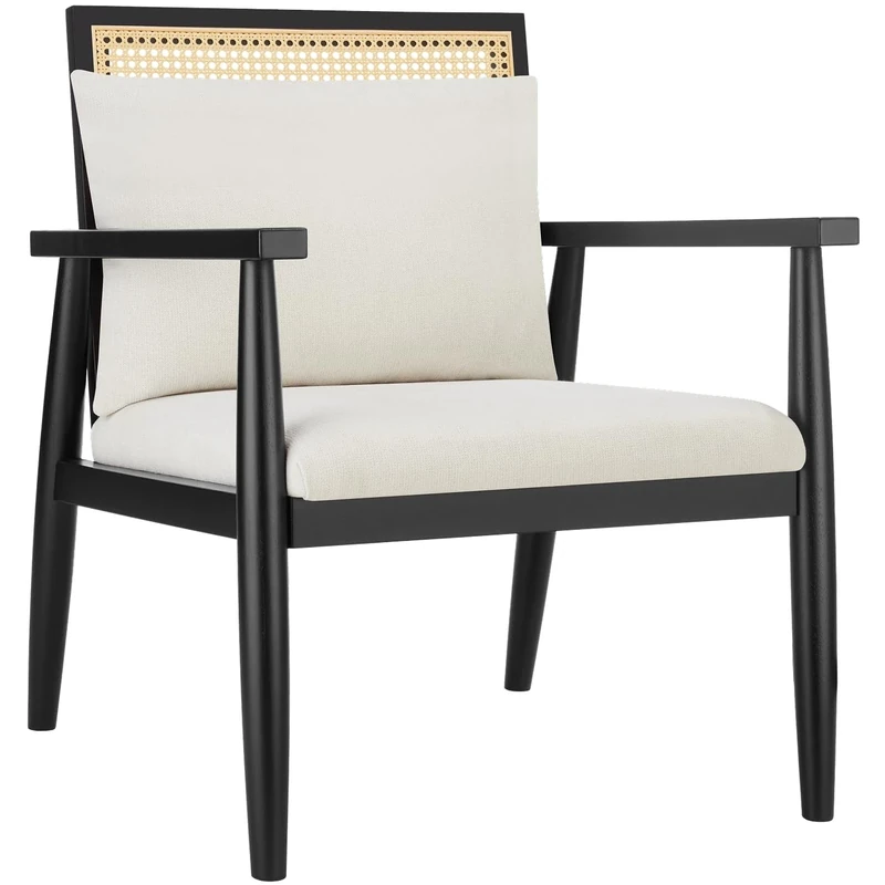 tectake® Lounge Armchair with Thick Padding, Soft Back Cushion, Wooden Frame with Armrests, Large Backrest with Wickerwork, Removable & Washable Cover, Easy Setup - Ideal Living Room & Bedroom Chair