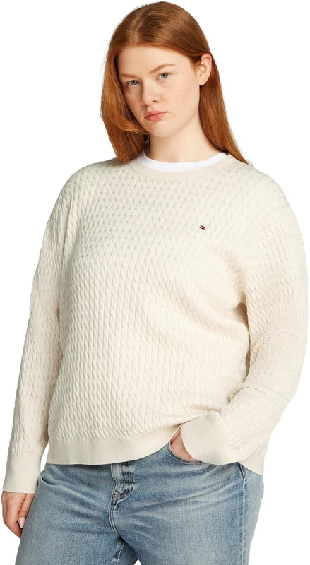 Tommy Hilfiger Women’s Cable Knit Round Neck Jumper, Beige (Heather Ivory Petal), 22