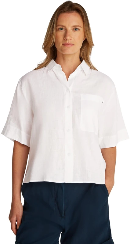 Tommy Hilfiger Women’s Short Sleeve Relaxed Fit Linen Shirt, White (Th Optic White), 16