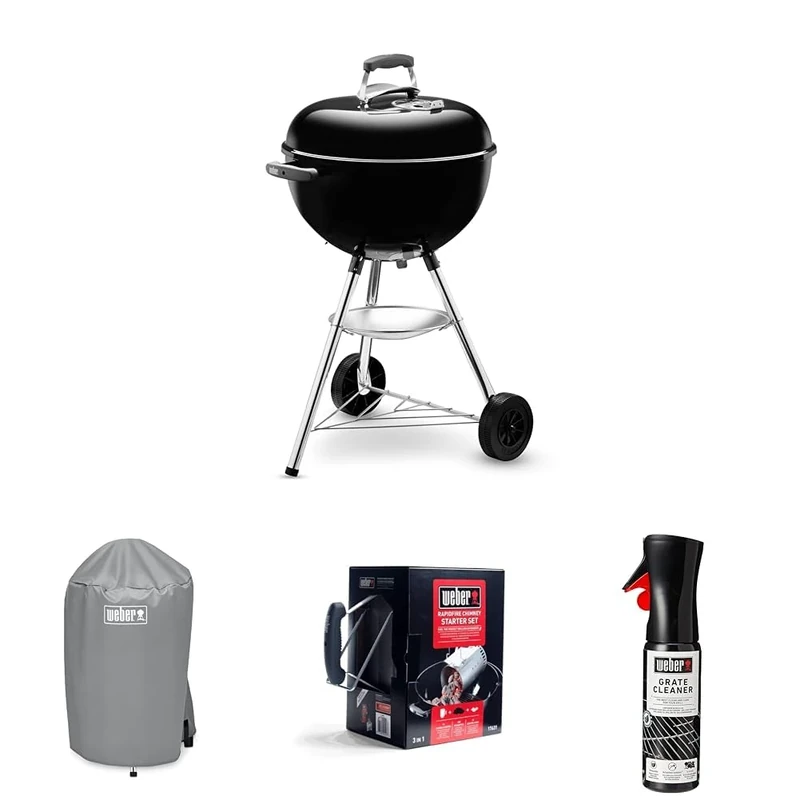 Bundle - Weber Bar-B-Kettle Charcoal Barbecue, 47cm |BBQ Grill with Lid Cover, Tripod Stand & Wheels | Freestanding Outdoor Oven & Cooker with Porcelain-Enamelled Bowl - Black (1231004)