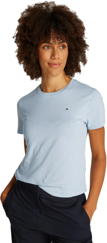 Tommy Hilfiger Women’s Short Sleeve Round Neck Slim T-Shirt, Blue (Breezy Blue), L