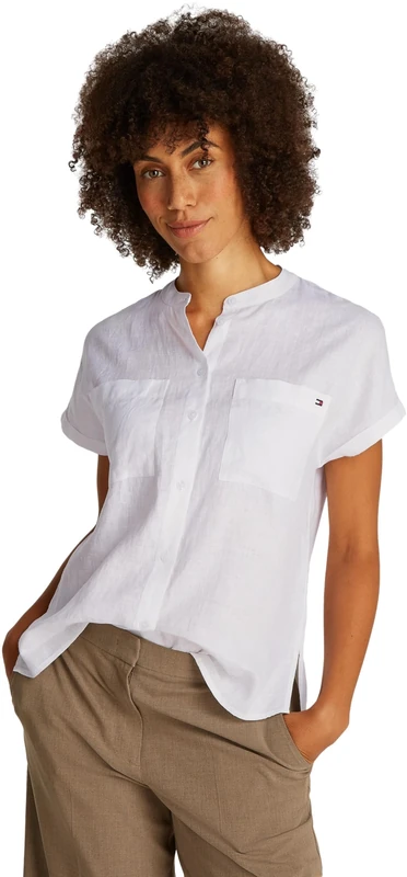 Tommy Hilfiger Women’s Short Sleeve Collarless Linen Blouse, White (Th Optic White), 6