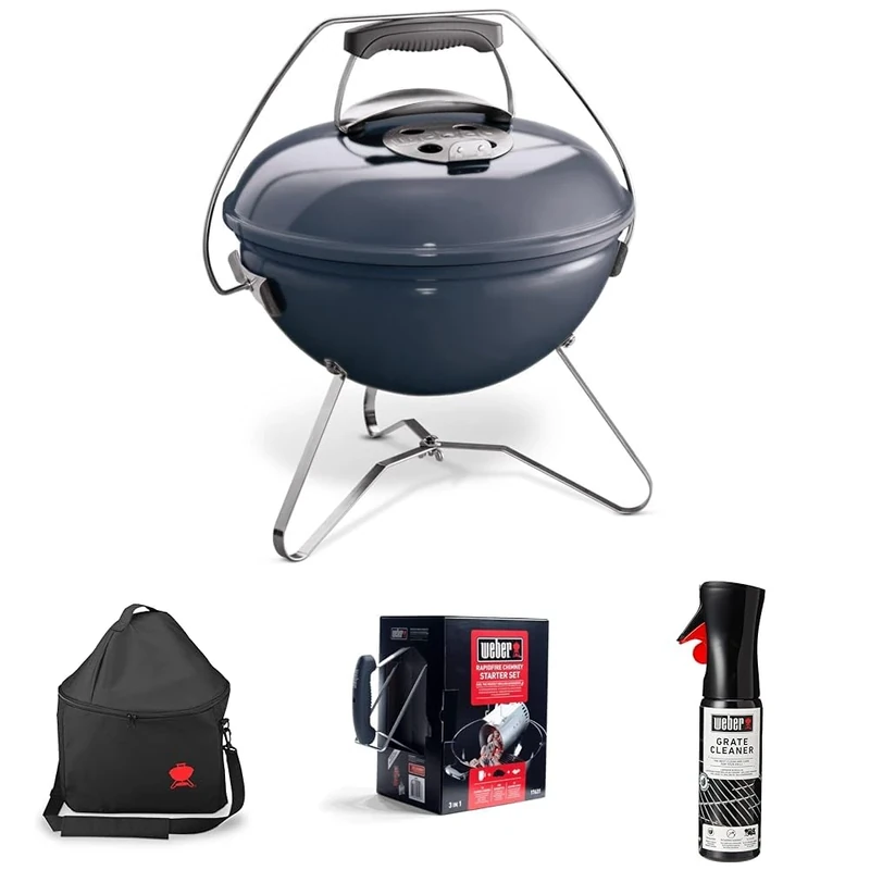 Bundle - Weber Smokey Joe Premium Charcoal Grill Barbeque, 37cm Portable BBQ Grill with Tuck-N-Carry Lid Cover & Plated Steel Legs Folding Outdoor Cooker Porcelain-Enamelled Bowl-Slate Blue (1126804)