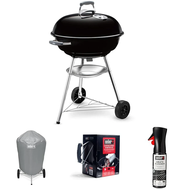 Bundle-Weber Compact Kettle Charcoal Grill Barbecue, 57cm |BBQ Grill with Lid Cover, Stand & Wheels |Freestanding Outdoor Oven, Smoker & Outdoor Cooker with Porcelain-Enamelled Bowl-Black (1321004)