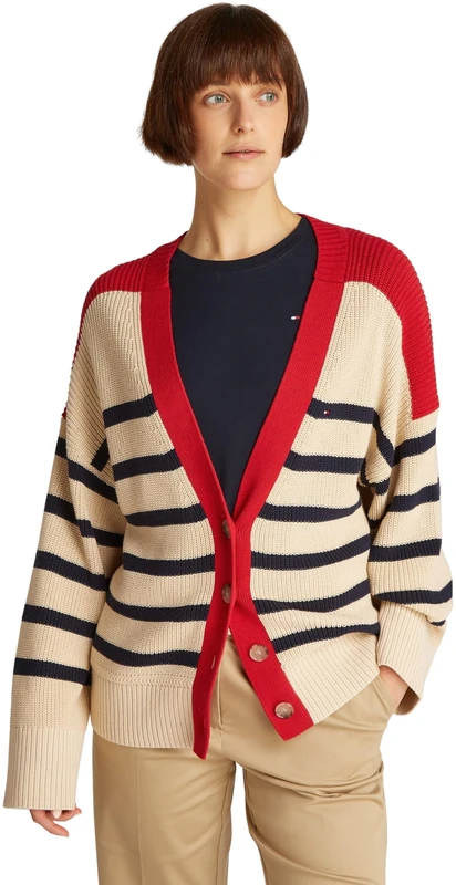 Tommy Hilfiger Women's Cardigan with Button Placket, Multicolor (Dark Night Navy Stripe), L-XL