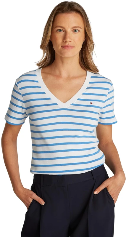Tommy Hilfiger Women’s Short Sleeve T-Shirt New Slim Cody V-Neck, Multicolor (Ecru/Blue Spell STP), XS