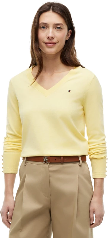 Tommy Hilfiger Women's V-Neck Jersey Jumper, Yellow (Citronella), XS