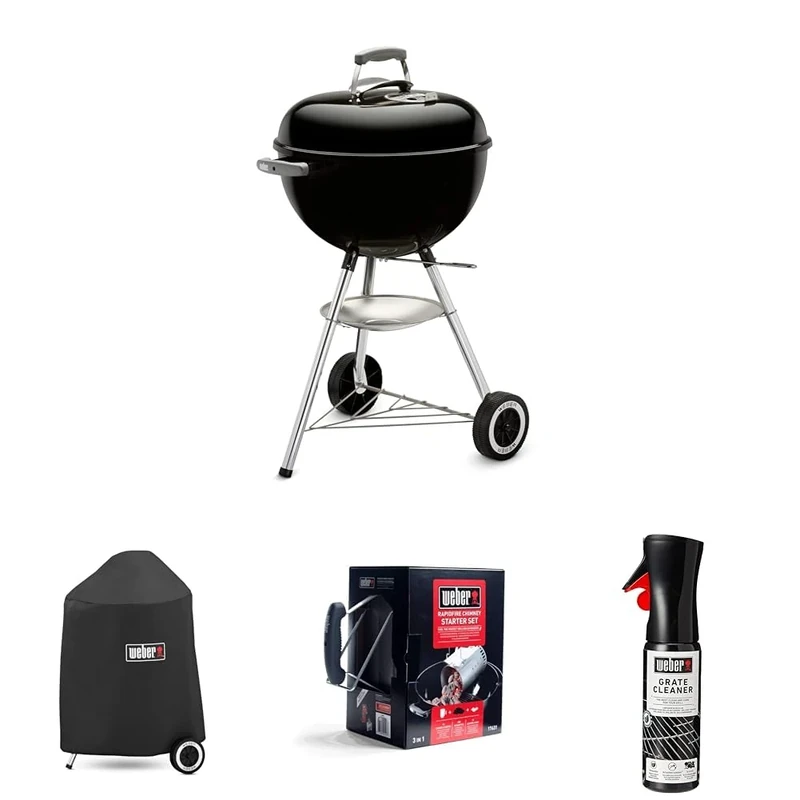 Bundle - Weber Classic Kettle Charcoal Grill Barbecue, 47cm|BBQ Grill with Lid Cover, Lid Thermometer, Stand & Wheels Freestanding Outdoor Oven & Cooker with Porcelain-Enamelled Bowl-Black (1231004)