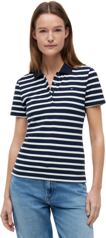 Tommy Hilfiger Women's Short Sleeve Slim Fit Polo Shirt, Multicolor (Dark Night Navy/Ecru STP), S