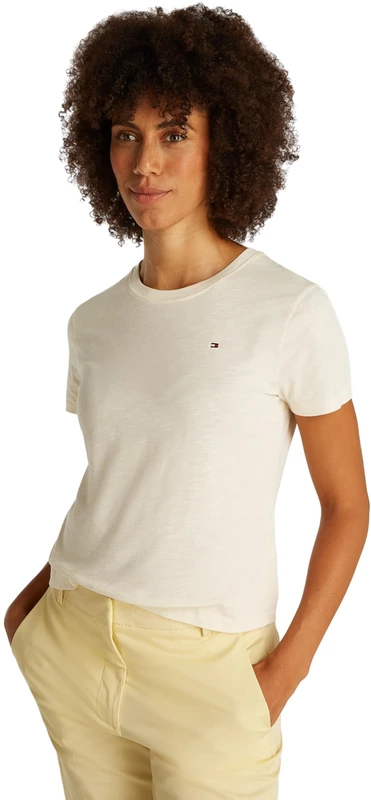 Tommy Hilfiger Women's SLUB REG C-NK SS WW0WW44433, Beige, XXXL - Image 1