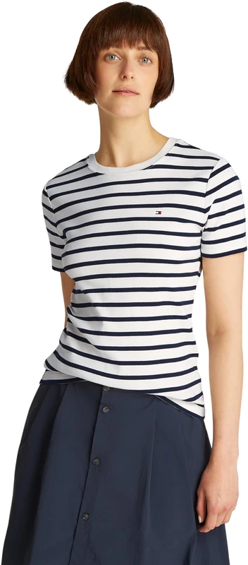 Tommy Hilfiger Women’s Short Sleeve Round Neck Slim Cody T-Shirt, Multicolor (Breton Dark Night Navy STP), S
