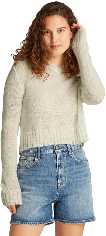 Tommy Jeans Women’s V-Neck Open Knit Jumper, Off-White (Ancient White), M