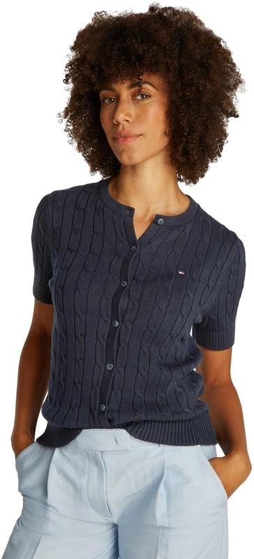 Tommy Hilfiger Women’s Short Sleeve Cable Knit Cardigan, Blue (Dark Night Navy), XXS