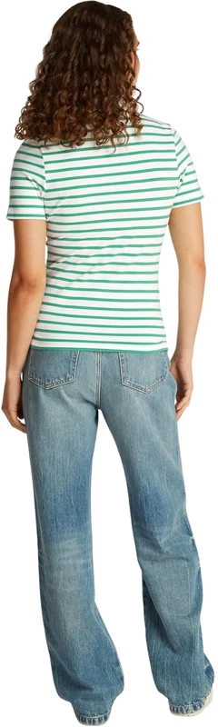 Tommy Hilfiger Women's Short Sleeve Slim Fit Polo Shirt, Multicolor (Ecru/Radiant Green STP), L