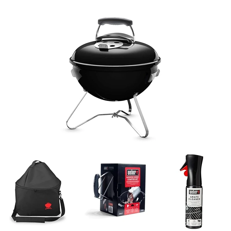Bundle-Weber Smokey Joe Charcoal Grill Barbeque, 37cm Portable BBQ Grill with Lid Cover & Plated Steel Legs Compact Freestanding Outdoor Oven & Cooker with Porcelain-Enamelled Bowl - Black (1111004)
