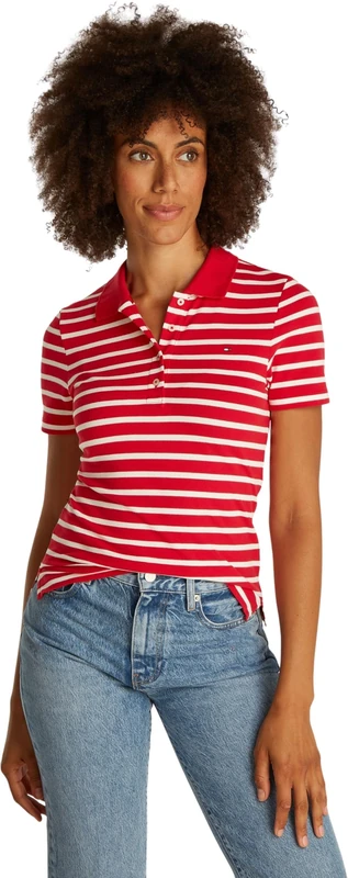 Tommy Hilfiger Women's Short Sleeve Slim Fit Polo Shirt, Multicolor (Primary Red/Ecru STP), S